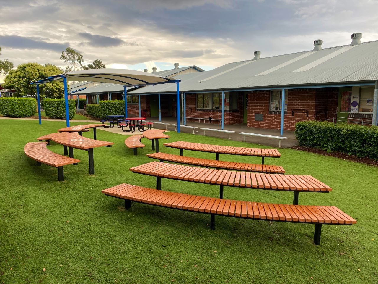 School Outdoor furniture installed as an outdoor classroom